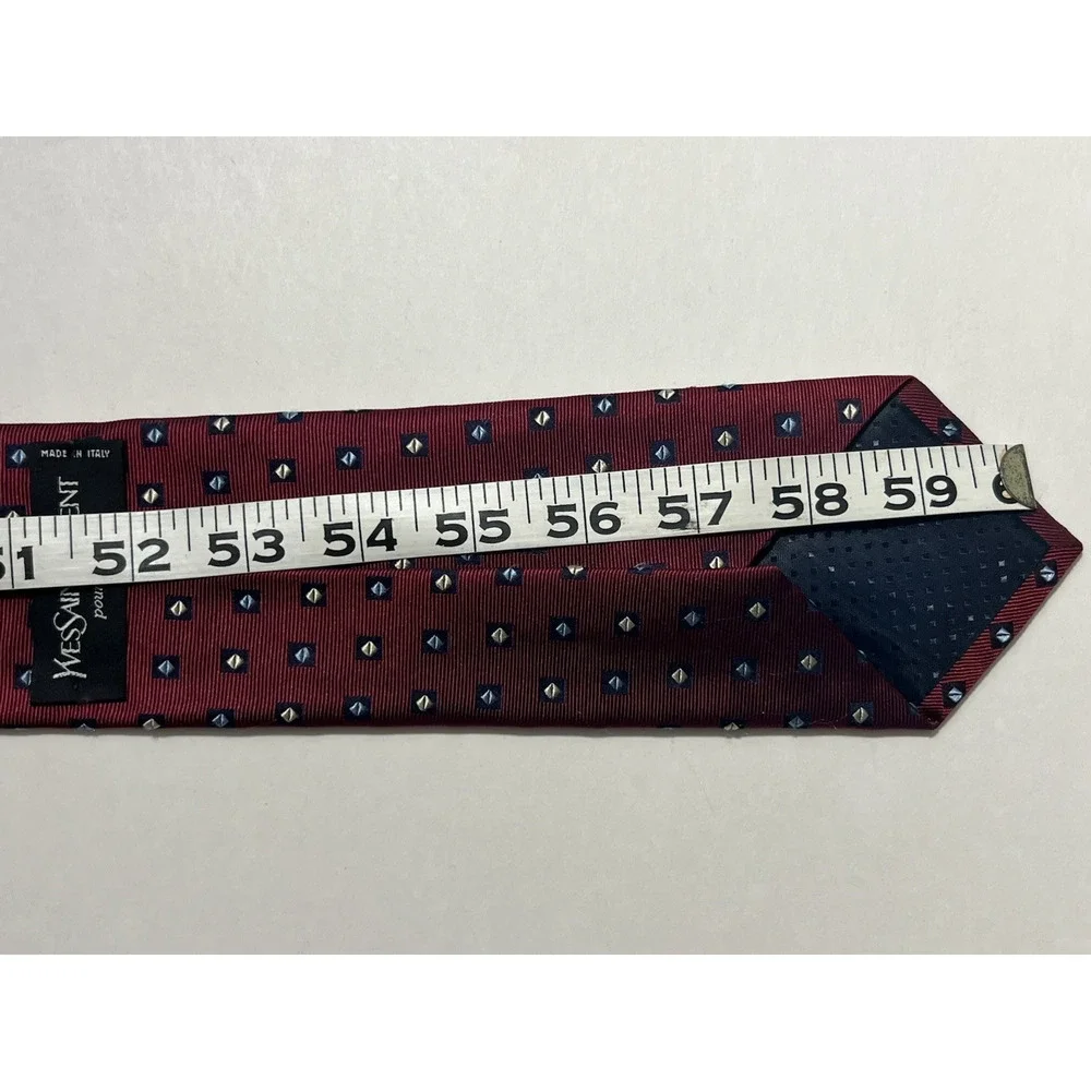 Vintage Yves Saint Laurent Mens Silk Tie Burgundy Red Geometric 100% Silk Italy